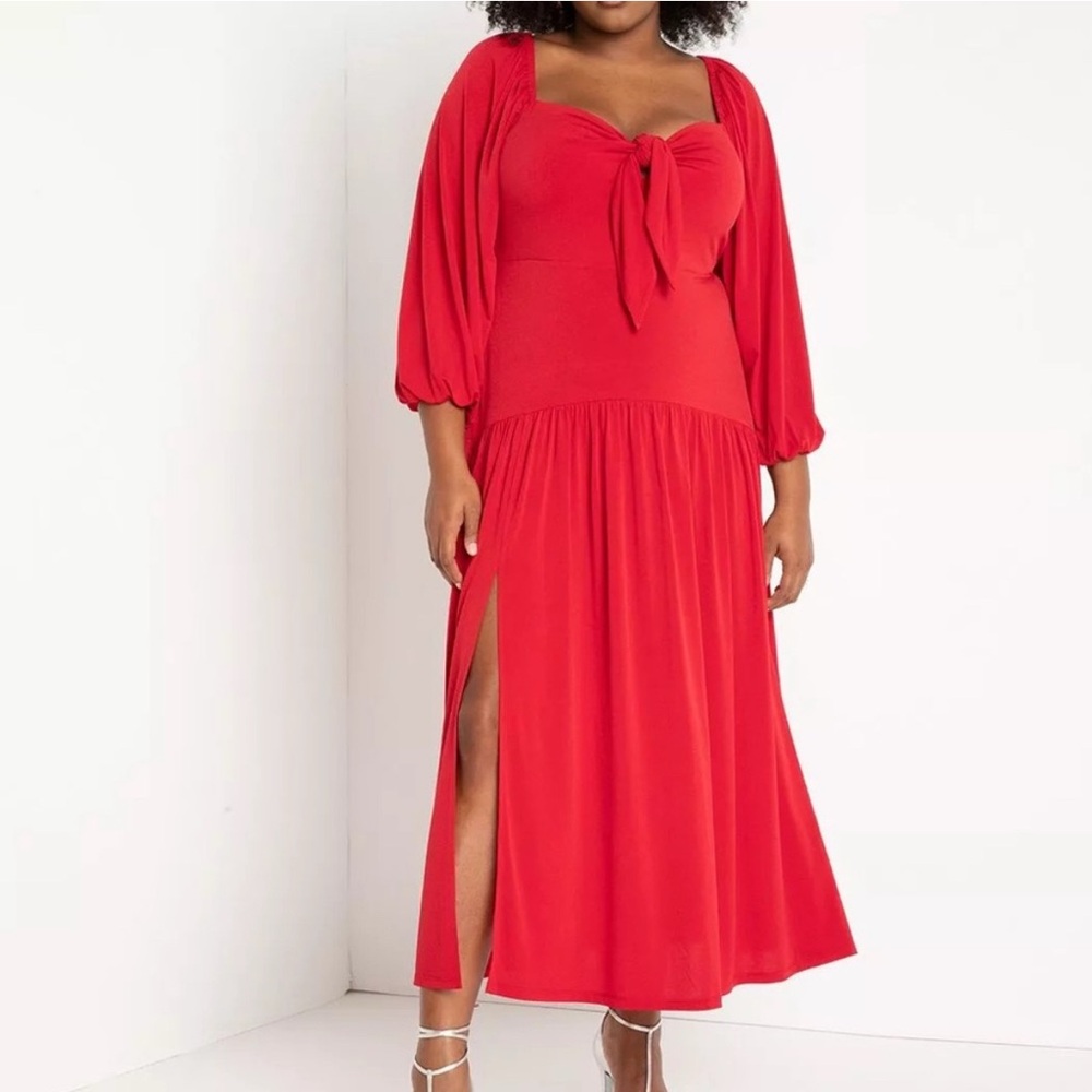 Red Stretch Knit Midi Dress with Front Slit - Size [14]